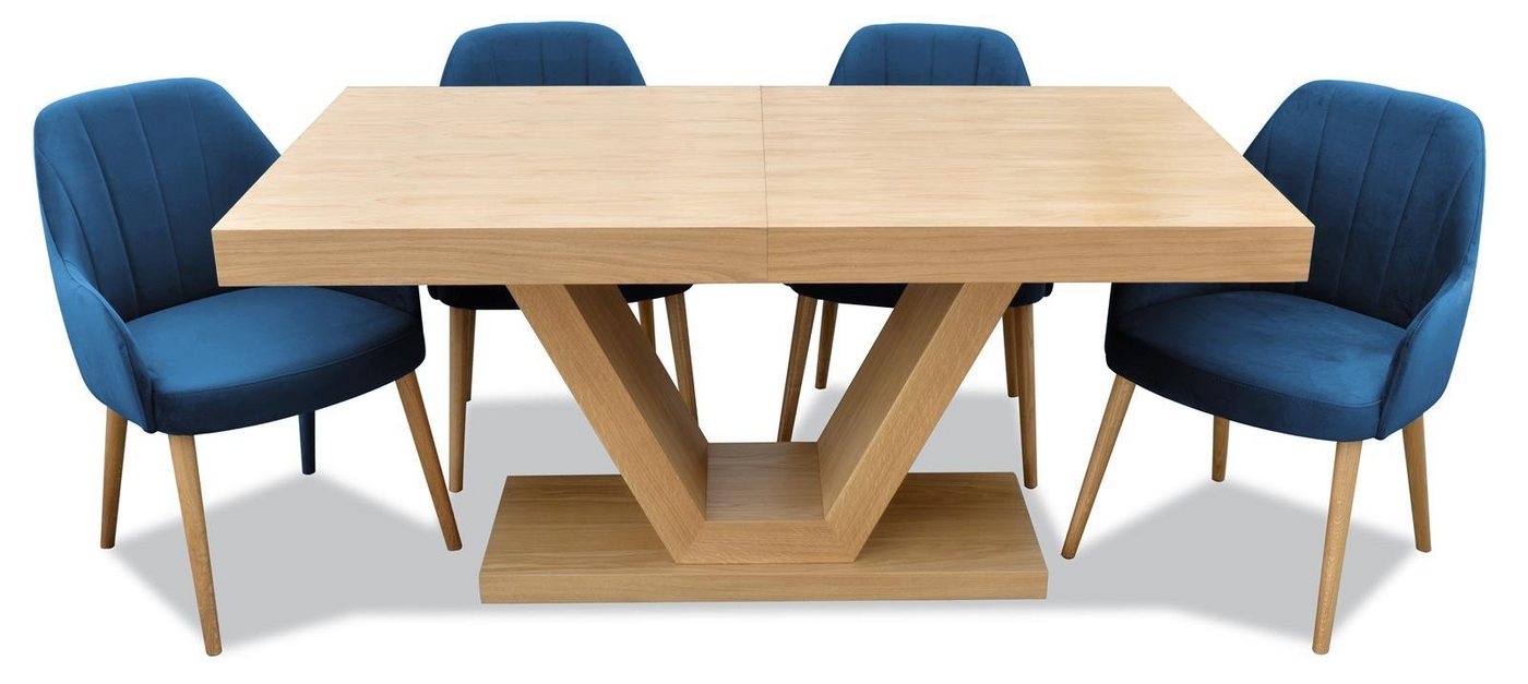 Beautysofa Sitzgruppe KLARA, (Eichenfurnier + Lack, modernes Set mit ausziehbare Tischplatte 160 - 210 cm), mit 4x gepolsterte Stühle mit Velourstoff von Beautysofa
