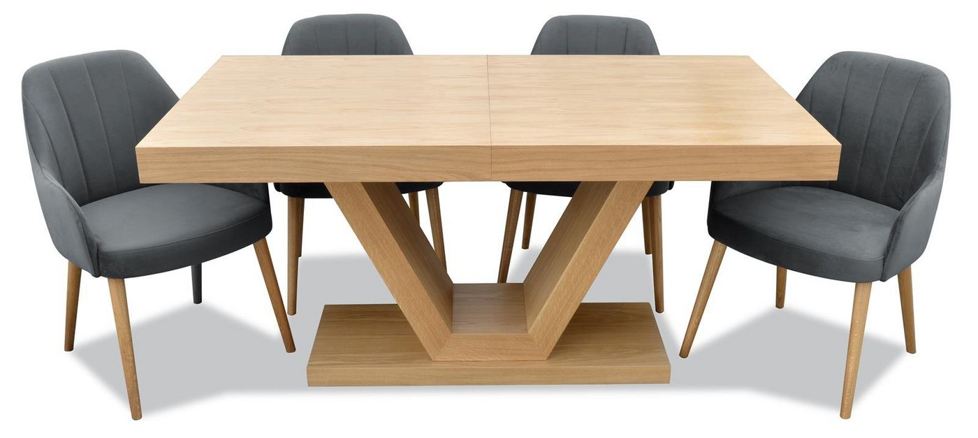 Beautysofa Sitzgruppe KLARA, (Eichenfurnier + Lack, modernes Set mit ausziehbare Tischplatte 160 - 210 cm), mit 4x gepolsterte Stühle mit Velourstoff von Beautysofa