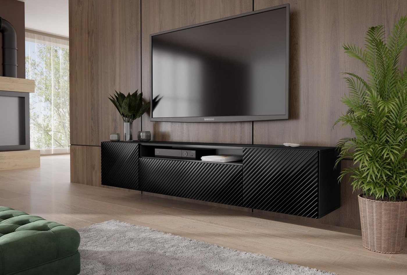 Beautysofa TV-Schrank Kler (gefräste Tür, Weiß / Schwarz, Wandmontage) Breite 200 cm, RTV Schrank mit 3x Scharniertüren von Beautysofa