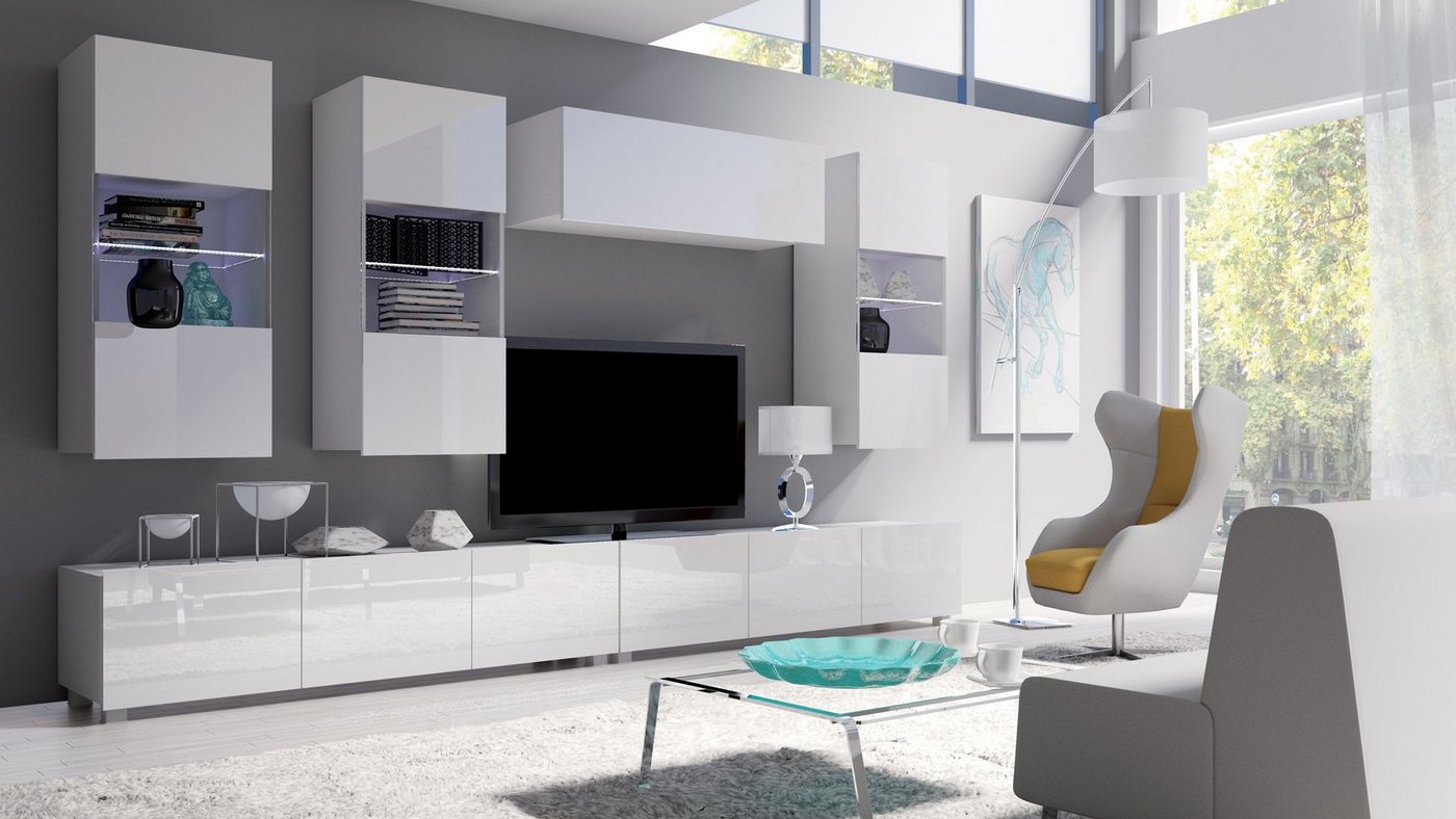 Beautysofa Wohnwand Calabrini V, (hängend und stehend montierbar, inklusive 3x Vitrine mit Glastüren, mit Regal und 2x TV-Schränke), mit oder ohne LED von Beautysofa