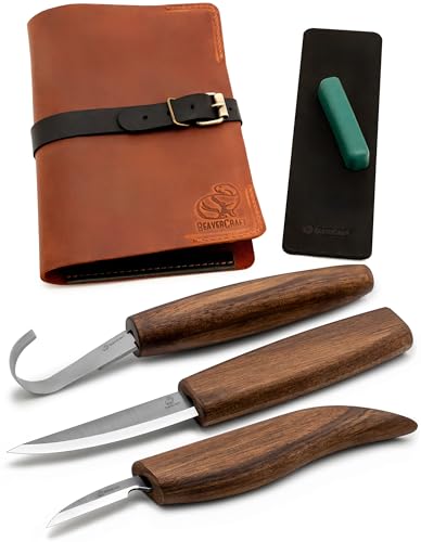 BeaverCraft Holzschnitzmesser Set Deluxe S13X Holzschnitzset für Löffel Schnitzen - Holz Schnitzwerkzeug - Schnitzmesser Hohlbeitel Hakenmesser mit Lederetui Poliermittel von BeaverCraft