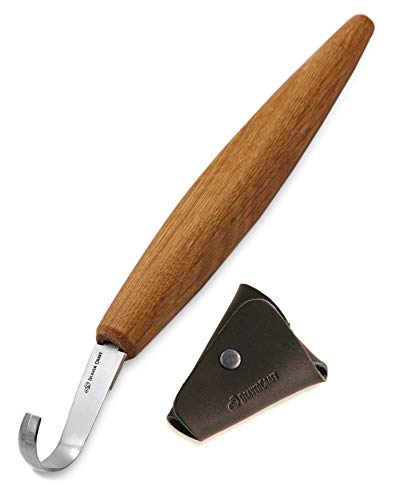 BeaverCraft Holz Schnitzmesser für Löffelschnitzen SK5s 5cm Doppelseitiges Hakenmesser Schnitzwerkzeuge für Anfänger & Professionelle Holzschnitzer, Meißel Hohlbeitel mit Lederscheide von BeaverCraft