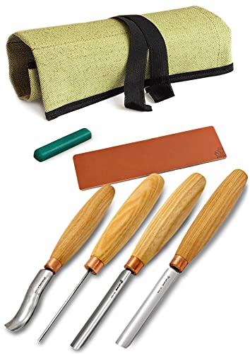 Meißel-Set zum Holzschnitzen SC01 – Hohlmeißel Holzschnitzwerkzeug-Set in der Werkzeugtasche mit Streichriemen und Poliermittel Set radiale Hohlmeißel Flachmeißel gebogenes Hohlmeißel Kohlenstoffstahl von BeaverCraft