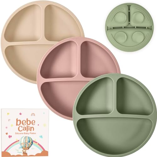 BebeCalin Baby teller mit Saugnapf, Silikon-Saugnapfteller für Kleinkinder, Kinder, Selbstfütterung, Entwöhnungsplatten für Hochstuhl-Tablett, unzerbrechlich (Hautfarben, Rosa, Grün) von BebeCalin