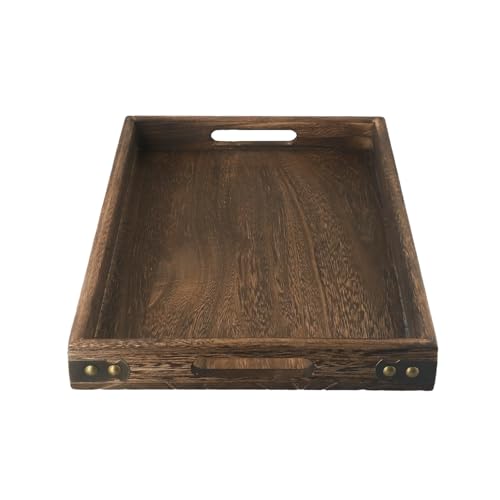 Bebykilemi Serviertablett aus Holz mit Eiseneckverstärkung, Servierplatte für Kaffee, Tee, Snacks, Frühstück im Bett und Festival, rustikales Serviertablett aus Holz (mittel) von Bebykilemi