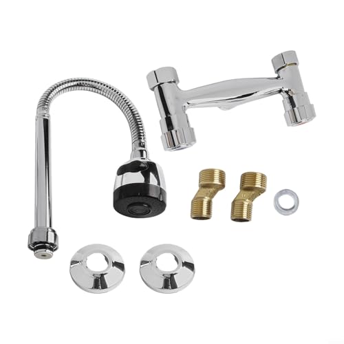 Doppelgriff-Küchenarmatur, Wandmontage, Spültischarmatur mit 360-Grad-Schwenkauslauf, verstellbarer 150 mm Mittelabstand, Zinklegierung, Heiß- und Kaltwasserhahn, Chrom von Bebykilemi