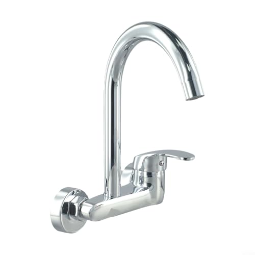 Messing Chrom Wandmontage Küchenarmatur Einhandgriff Warm-Kaltwasser-Mischbatterie für Waschbecken Balkon Waschbereich Mop Pool Platzsparendes Design Küchenspüle Armaturen von Bebykilemi