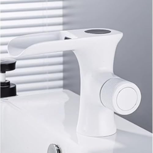 Wasserfall-Waschtischarmatur mit Digitalanzeige, mit Temperaturregelung, Messing Badarmatur mit belüftetem Durchfluss und 60 cm Einlassrohr, moderner Waschtischarmatur (Weiß) von Bebykilemi