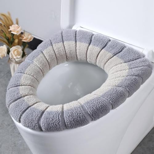 Weicher, waschbarer WC-Sitzbezug, dehnbare Polyestermatte mit Griff, Badezimmer-Wärmer-Kissen für O-U-V-förmige Toiletten, Winter-Komfort (Beige mit grauem A) von Bebykilemi