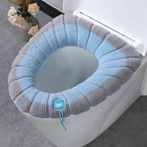 Weicher, waschbarer WC-Sitzbezug, dehnbare Polyestermatte mit Griff, Badezimmer-Wärmer-Kissen für O-U-V-förmige Toiletten, Winterkomfort (Blau mit Grau B) von Bebykilemi