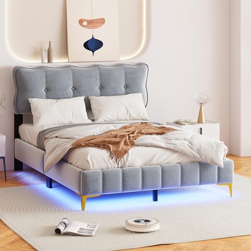 Becag Doppelbett 140x200 cm Polsterbett Kinderbett mit Unterbett-LED-Leuchten, Bett mit Lattenrost, Kinderbett Jugendbett Rückenlehne Bett, Metallfüße, Ohne Matratze, Samtstoff Grau von Becag