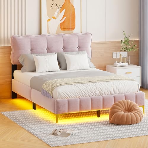 Becag Doppelbett 140x200 cm Polsterbett Kinderbett mit Unterbett-LED-Leuchten, Bett mit Lattenrost, Kinderbett Jugendbett Rückenlehne Bett, Metallfüße, Ohne Matratze, Samtstoff Rosa von Becag