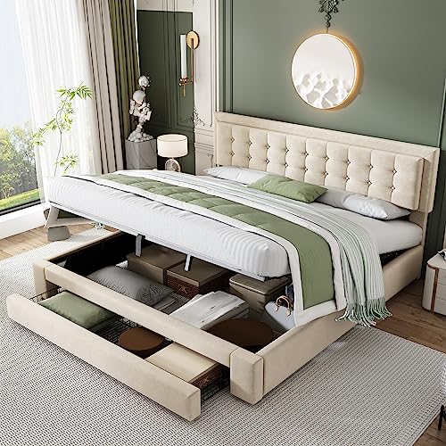 Becag Doppelbett 160x200 Polsterbett mit Schubladen Stauraum, Bett mit Lattenrost, Stauraumbett Rückenlehne Bett Jugendbett, Unterbettstauraum Metall Bettgestelle, Ohne Matratze, Samtstoff Beige von Becag