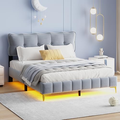 Becag Doppelbett 160x200 cm Polsterbett Kinderbett mit Unterbett-LED-Leuchten, Bett mit Lattenrost, Kinderbett Jugendbett Rückenlehne Bett, Metallfüße, Ohne Matratze, Samtstoff Grau von Becag