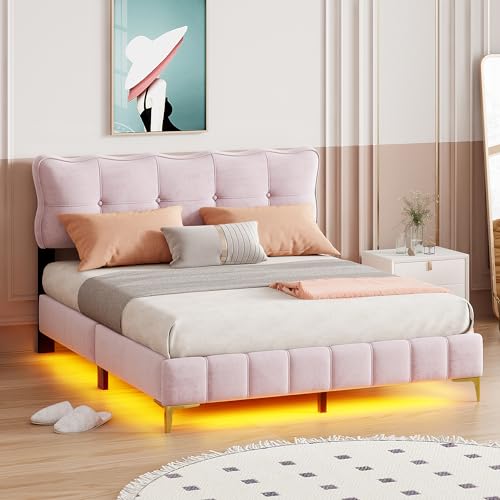 Becag Doppelbett 160x200 cm Polsterbett Kinderbett mit Unterbett-LED-Leuchten, Bett mit Lattenrost, Kinderbett Jugendbett Rückenlehne Bett, Metallfüße, Ohne Matratze, Samtstoff Rosa von Becag