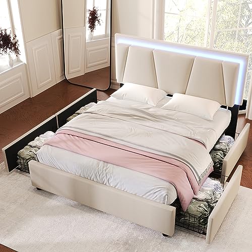 Becag Doppelbett Polsterbett 160x200 cm, Bett mit 4 Schubladen Stauraum, Höhenverstellbarem LED-Kopfteil, Bettgestell mit Lattenrost, Stauraumbett Rückenlehne Bett, Ohne Matratze, Leinen Beige von Becag