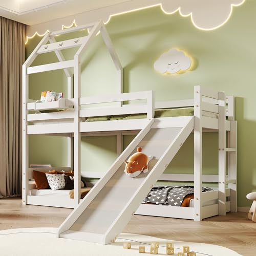 Becag Kinderbett 90x200 Etagenbett für 2 Kinder, Baumhaus Hochbett mit Rutsche und Leiter, Hausbett Holzbett mit Rausfallschutz und 2 Lattenrost, Holz Bettgestell, ohne Matratze, Weiß von Becag