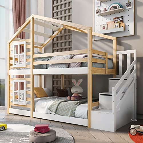 Becag Kinderbett 90x200 cm Etagenbett für 2 Kinder, Baumhaus Hochbett mit Fenster, Treppe mit Speicherung, Hausbett Holzbett Bettgestell mit Rausfallschutz und Lattenrost, Ohne Matratze, Natur & Weiß von Becag