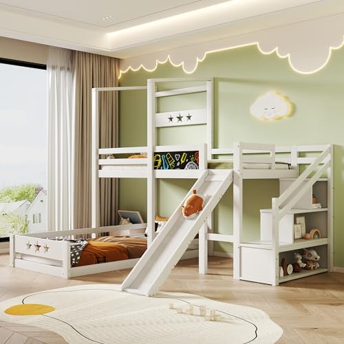 Becag Kinderbett 90x200 cm Etagenbett für 2 Kinder, Hochbett mit Tafel und Staufach Stauraum, Hausbett Holzbett mit Treppe und Rutsche, Bett mit Rausfallschutz und Lattenrost, Ohne Matratze, Weiß von Becag