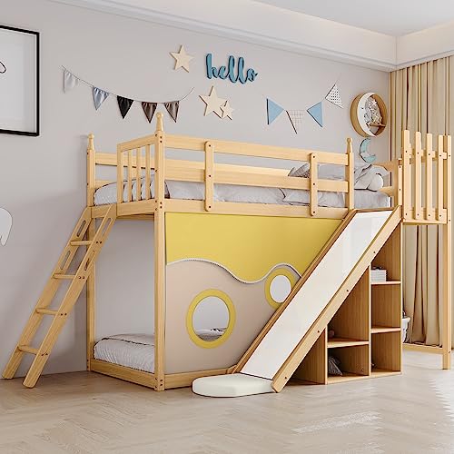 Becag Kinderbett Etagenbett 90x200 für 2 Kinder, Hochbett Hausbett mit Leiter und Rutschen, mit Bettvorhang und Regal, Holzbett Bettgestell mit Rausfallschutz und Lattenrost, Ohne Matratze (Natur) von Becag