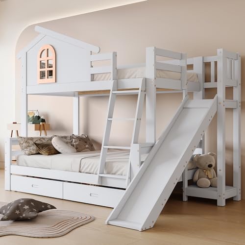 Becag Kinderbett Etagenbett 90x200&120x200, Hausbett Hochbett mit 2 Schubladen, Leiter&Rutsche, Holzbett Bettgestell mit Rausfallschutz und Lattenrost, Holz Bettrahmen, Jugendbett, Ohne Matratze, Weiß von Becag