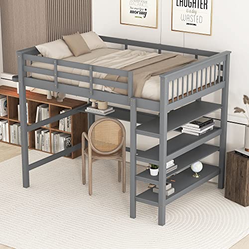 Becag Kinderbett Hochbett 140x200, Holzbett Bettgestell mit Unterbettschreibtisch und 4 Regalen Stauraum, Doppelbett mit Rausfallschutz und Lattenrost, Holzrahmenbett Jugendbett, Ohne Matratze, Grau von Becag