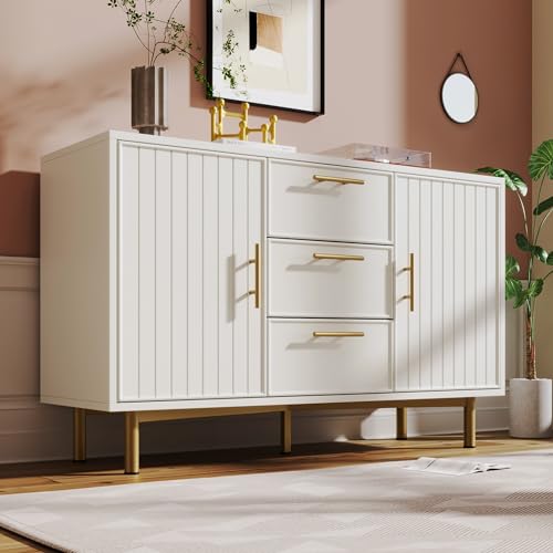 Becag Kommode Sideboard Weiss, Küchenschrank H75/B120/T40 mit 2 Türen und 3 Schubladen Stauraum, Beistellschrank Buffetschrank Cabinet Schubladenkommode für Schlafzimmer Wohnzimmer Küche, Weiß von Becag