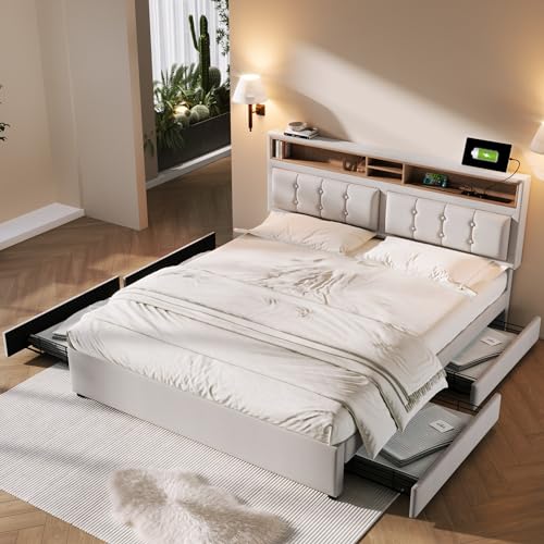 Becag Polsterbett 140x200, Doppelbett mit 4 Schubladen Stauraum, Kopfteil mit Bücherregal und USBC-Steckdose, Stauraumbett mit Lattenrost, Jugendbett Rückenlehne Bett, Beige Leinen, ohne Matratze von Becag