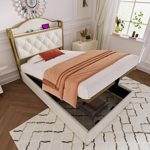 Becag Polsterbett Einzelbett 90x200, Bett mit Unterbett Stauraum, Kopfteil mit USB/Typ-C Ladefunktion, Bettgestell mit Holz Lattenrost und Metallrahmen, Stauraumbett, Ohne Matratze, Samt Hellbeige von Becag