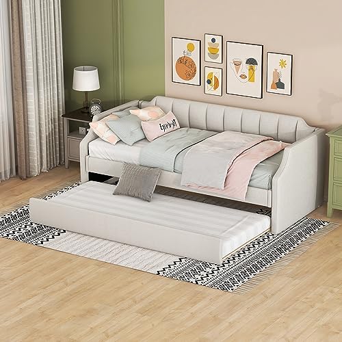 Becag Polsterbett Einzelbett 90x200 cm Daybett, Kinderbett Schlafsofa Tagesbett, Sofabett mit Ausziehbares Rollbett, Bett mit Lattenrost aus Holz, Gästebett Jugendbett, Ohne Matratze, Leinen (Beige) von Becag