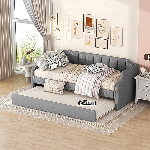 Becag Polsterbett Einzelbett 90x200 cm Daybett, Kinderbett Schlafsofa Tagesbett, Sofabett mit Ausziehbares Rollbett, Bett mit Lattenrost aus Holz, Gästebett Jugendbett, Ohne Matratze, Leinen (Grau) von Becag