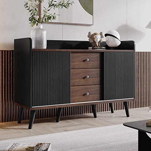 Becag Sideboard Kommode Schwarz, Küchenschrank mit 2 Schiebetür und 3 Schubladen, Buffetschrank Cabinet Sideboard Wohnzimmer Küche mit DunkleHolzfarbe Arbeitsplatte, L117/T40/H80 cm, Schwarz von Becag