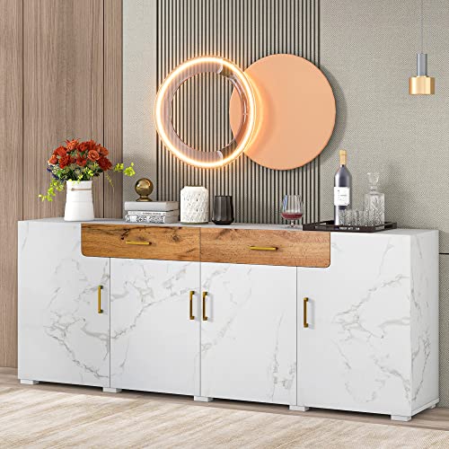 Becag Sideboard Kommode mit 4 Türen und 2 Schubladen, Aufbewahrungsschrank 208x40x80cm Küchenschrank Buffetschrank Cabinet Beistellschrank Anrichte Standschrank Wohnzimmer Küche (Weiß) von Becag