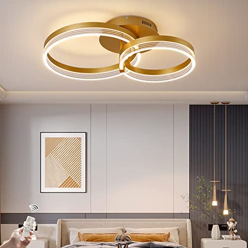 Becailyer Moderne LED-Deckenleuchte, dimmbare LED-Acryl-Deckenleuchte mit Fernbedienung, 2-Ringe-Gold-Deckenleuchter, Unterputz-Deckenleuchten für Wohnzimmer, Esszimmer, Schlafzimmer, 32 W von Becailyer