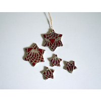 5Er Set, Stern, Baumschmuck in Rot Mit Muster, Keramik von BeckKeramik