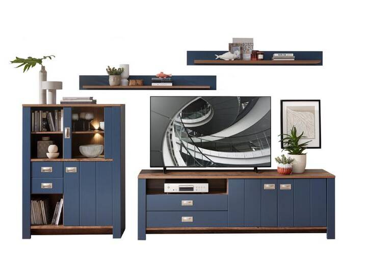 Innostyle Dijon Wohnwand Holzwerkstoff Parisian Blue/Haveleiche von Beckhuis Living