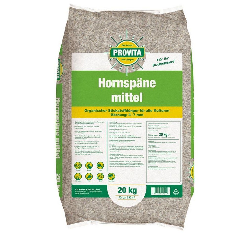 Beckmann PROVITA Bio-Dünger Gartendünger Hornspäne Horndünger Naturdünger SII mittel, 4 - 7 mm 20 kg Sack von Beckmann PROVITA Bio-Dünger