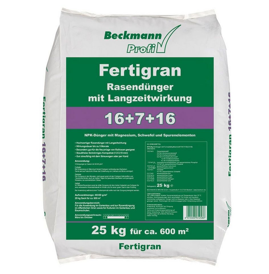 Beckmann Profi Rasendünger Rasenlangzeitdünger Fertigran 16+7+16 25 kg Sack von Beckmann Profi