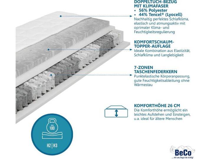Beco Taschenfederkernmatratze Royal Komfort KS, mit integriertem Topper, 26 cm hoch, komfortable Matratze in 90x200, 140x200 cm und weiteren Größen von Beco