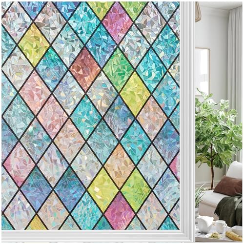 Bectosy Fensterfolie Blickdicht Regenbogen Sichtschutzfolie, Statisch Haftend Fenster Bunt, 3D Regenbogeneffekt Fensterfolie, 90× 400cm ohne Klebstoff UV-Schutz für Wohnzimmer Küche Badezimmer von Bectosy