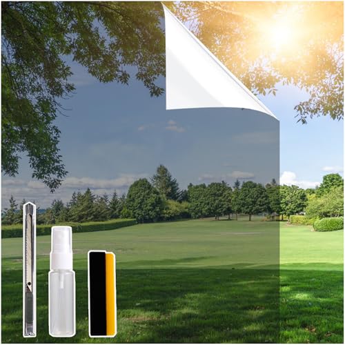 Spiegelfolie Fensterfolie Sichtschutz, Selbsthaftend Sonnenschutz Anti-UV Folie, Fensterfolie Sonnenschutz von innen durchsichtig von aussen Blickdicht (Silber, 44.5 * 200cm) von Bectosy