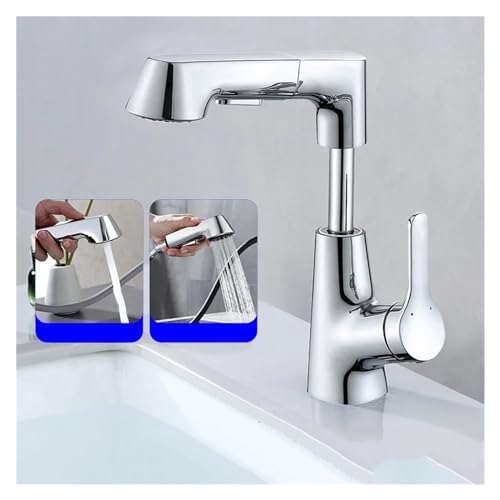 Ausziehbarer, anhebbarer Küchenarmatur, 360° drehbar, spritzwassergeschützter Waschbecken-Wasserhahn, Edelstahl-Küchenspüle-Wasserhahn mit herunterziehbarer Brause,für Badezimmer von BedAw