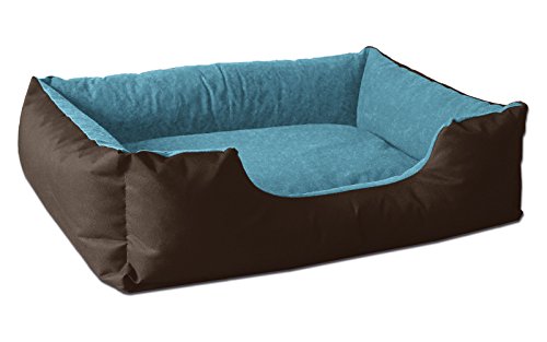 BedDog® Hundebett LUPI, Hundesofa aus Cordura, Microfaser-Velours, waschbares Hundebett mit Rand, Hundekissen Vier-eckig, für drinnen, draußen, L, Mountain-Blue, braun-blau von BedDog