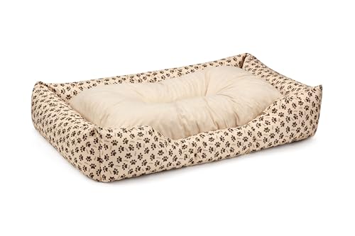 BedDog® Hundebett Mimi, Hundesofa aus Cordura, Microfaser-Velours, waschbares Hundebett Vier-eckig mit Rand, Hundekissen für drinnen, draußen, XL, beige mit Pfoten von BedDog