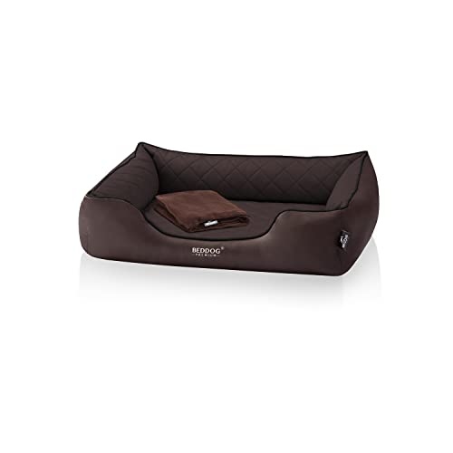 BedDog Premium Orthopädisches Hundebett Buffy, Hundesofa aus Kunstleder, Abnehmbarer Bezug, Kuschel-Decke Zugabe - Chocolate (braun) von BedDog