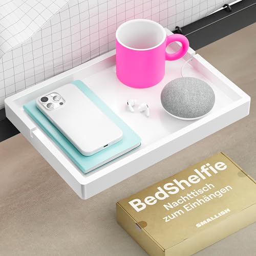 BedShelfie Bettseitiges Nachttischregal für Etagen- & oberes Bett, Studentenwohnheim Essentials, Hochbett-Nachttisch, schwebendes Bettablage-Tablett, Wohnheim-Deko von Smallish - Flexfit Modell, Weiß von BedShelfie