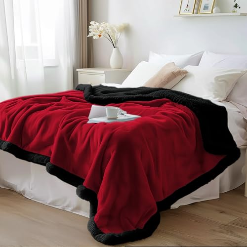 Bedding Aid wasserdichte Sherpa-Decke – Beidseitiges gemütliches Fleece, auslaufsicher und fleckenabweisend, für Intimität und feuchte Situationen (Velvet Rot/Obsidian Schwarz, Einzelbettdecke) von Bedding Aid