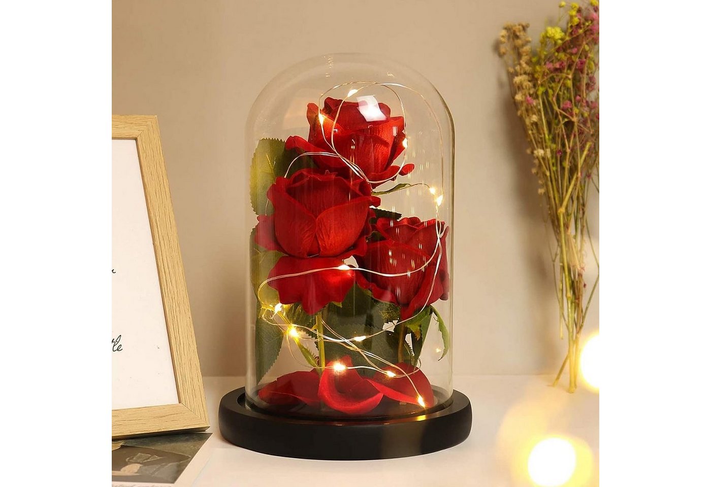 Kunstblume Ewige Rose im Glas, 3 Rot Seide Rose in Glaskuppel, Bedee, Höhe 20.3 cm, für Hauptdekor Geburtstag, Valentinstag, Jubiläum, Weihnachtstag von Bedee