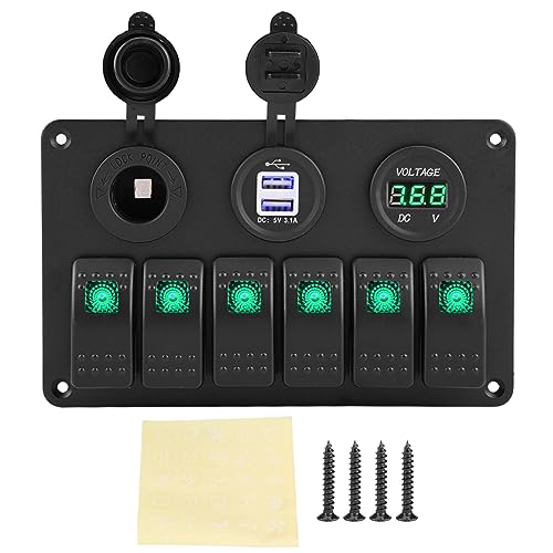 12V 24V 6 Gang Auto Boot Marine Caravan LED Wippschalttafel Dual USB Voltmeter Zigarettenanz¨¹nder Wippschalttafel(Gr¨¹n) von Bediffer