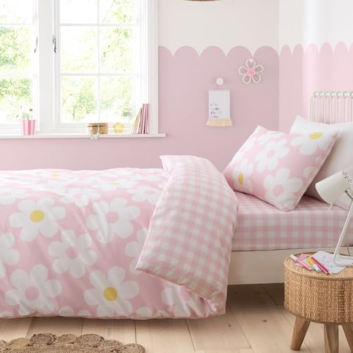 Bedlam Bettbezug mit rosa Blumen, Einzelbettgröße (140 x 200 cm), wendbare Designs (Gingham), 1 Kissenbezug, rosa Bettwäsche mit Gänseblümchen, kariert/kariert, für Mädchen von Bedlam